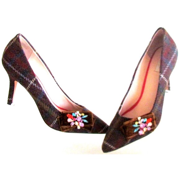 Designer Cole Haan Burgundy Tweed Plaid Bow/Brooch Pointed Toe Pumps 8.5 M - Picture 12 of 15